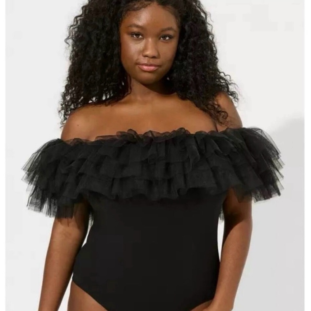 Black Off-Shoulder Ruffle Bodysuit